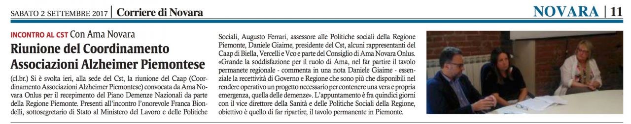 Corriere di Novara 11 02-09-2017 Giaime Daniele presidente del Centro Servizi per il volontariato partecipa a Novara al Tavolo di Coordinamento Regionale Alzheimer Piemonte.