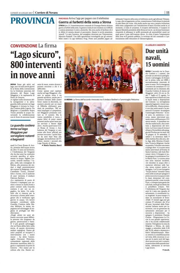 Corriere di Novara 11  10-07-2017 AMBULANZA VERGANTE AL SECONDO ANNO DI ATTIVITA' CON LA SQUADRA DI SALVAMENTO SUL LAGO CON LA CROCE ROSSA E LA GUARDIA COSTIERA