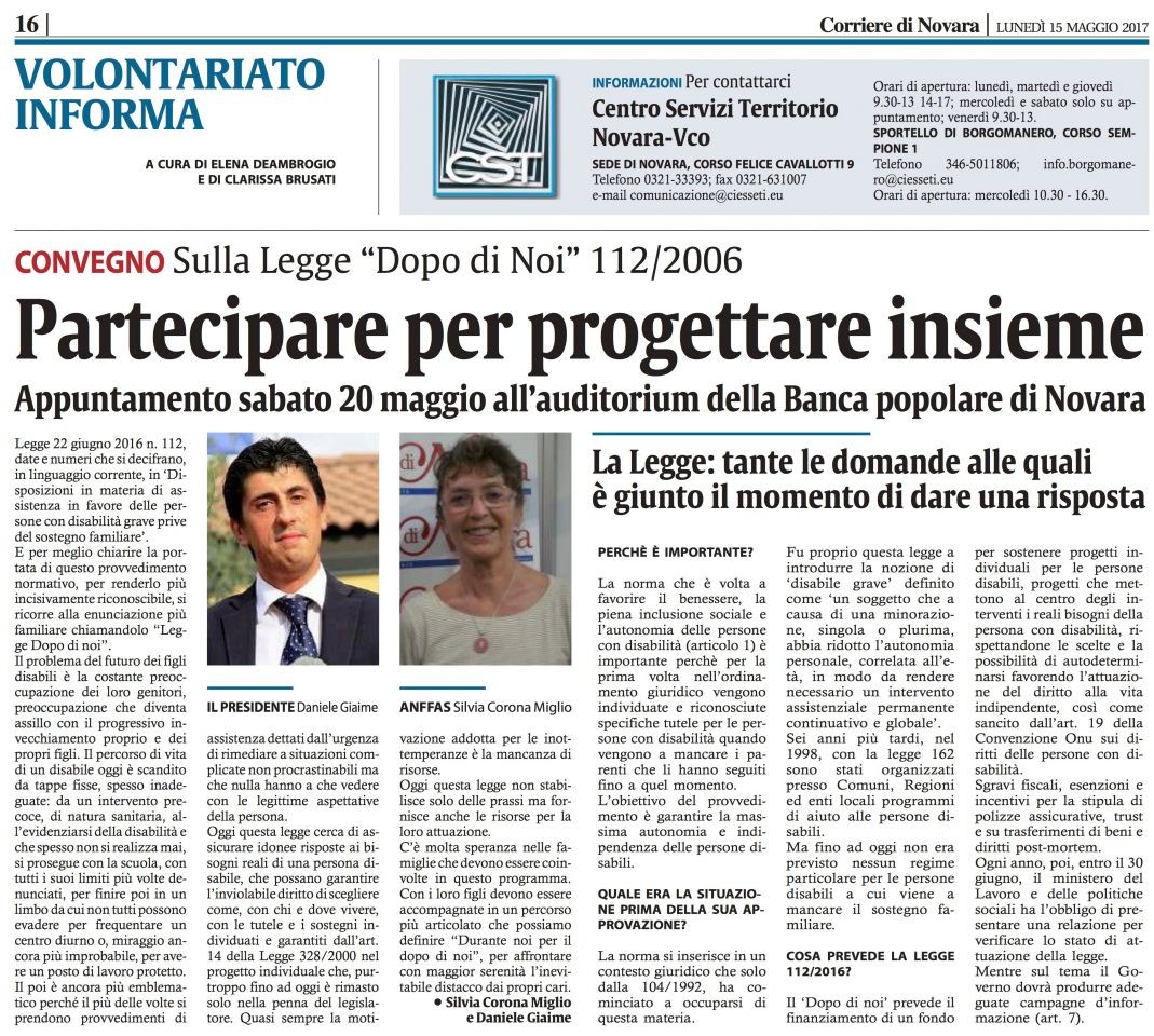 Corriere di Novara 16 - 15-05-2017 Giaime Presidente del Centro Servizi Volontariato