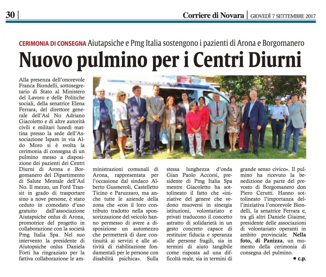 Corriere di Novara 30 07-09-2017 Giaime Daniele Presidente del Centro servizi volontariato presente all'inaugurazione del pulmino per il trasporto malati psichiatrici.